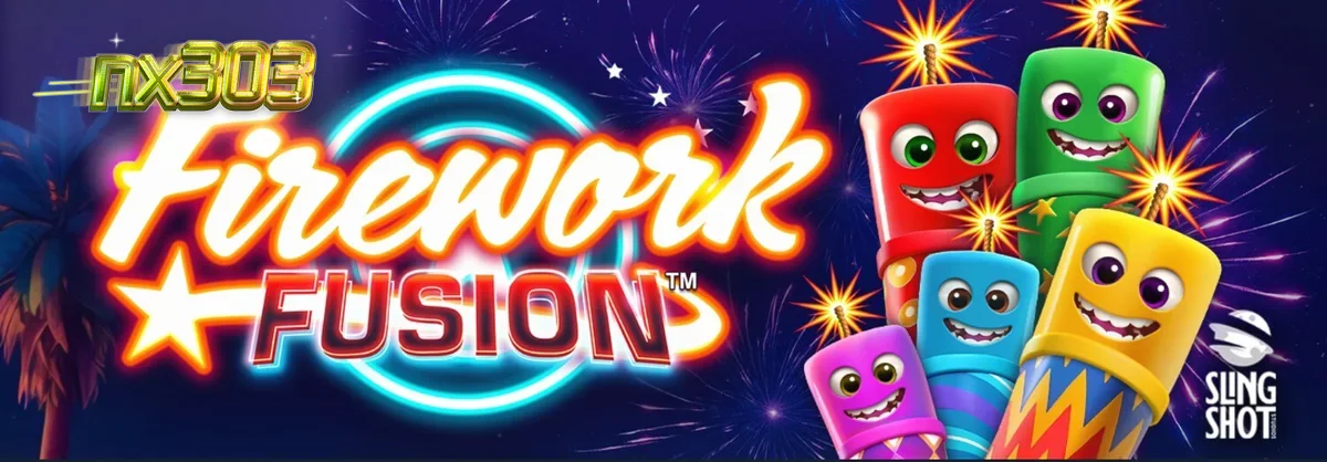 Tampilan visual slot Firework Fusion dengan latar belakang karnaval pantai saat senja.